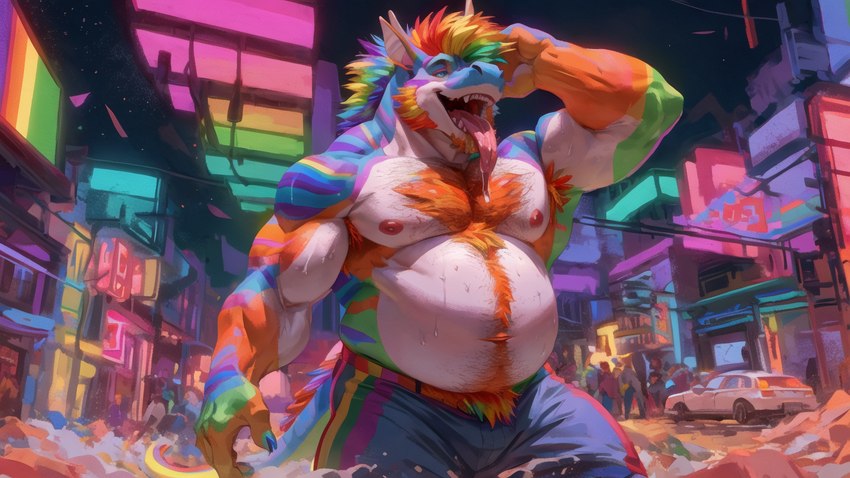 anthro armpit_hair belly bodily_fluids body_hair chest_hair clothing hair hands_behind_head lgbt_pride male muscular muscular_male nipples pecs pride_color_hair pride_colors pubes saliva saliva_on_tongue slightly_chubby smile solo sweat sweaty_body tongue tongue_out vaporwave kyoodo dragon