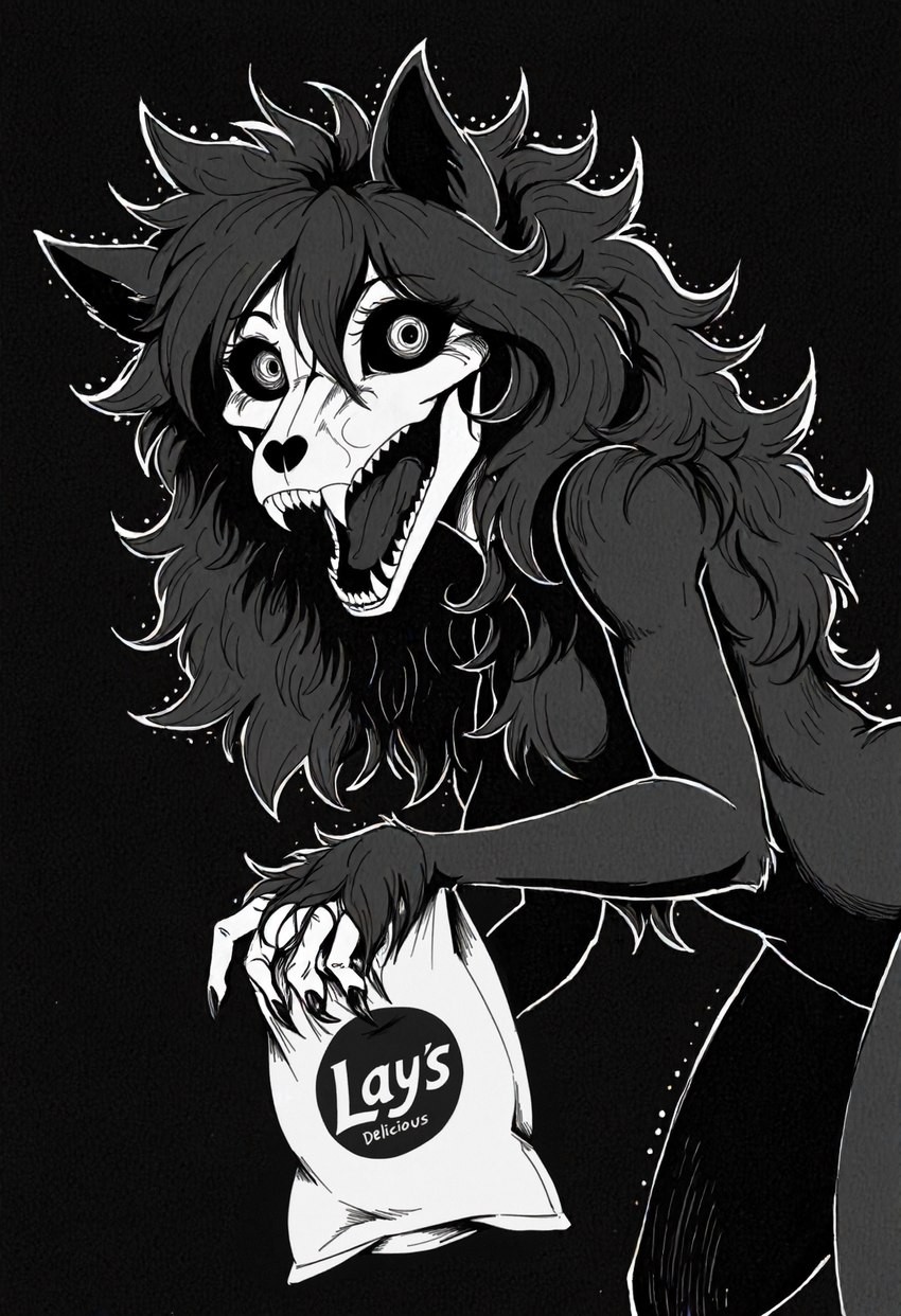 anthro black_background black_body black_fur black_hair black_sclera bone breasts chips_(food) claws fangs female fingers food fur hair holding_object humor long_hair looking_at_viewer nude open_mouth simple_background skull skull_head solo suprise teeth tongue lezzy mal0 canid canine malo mammal monster hi_res monochrome