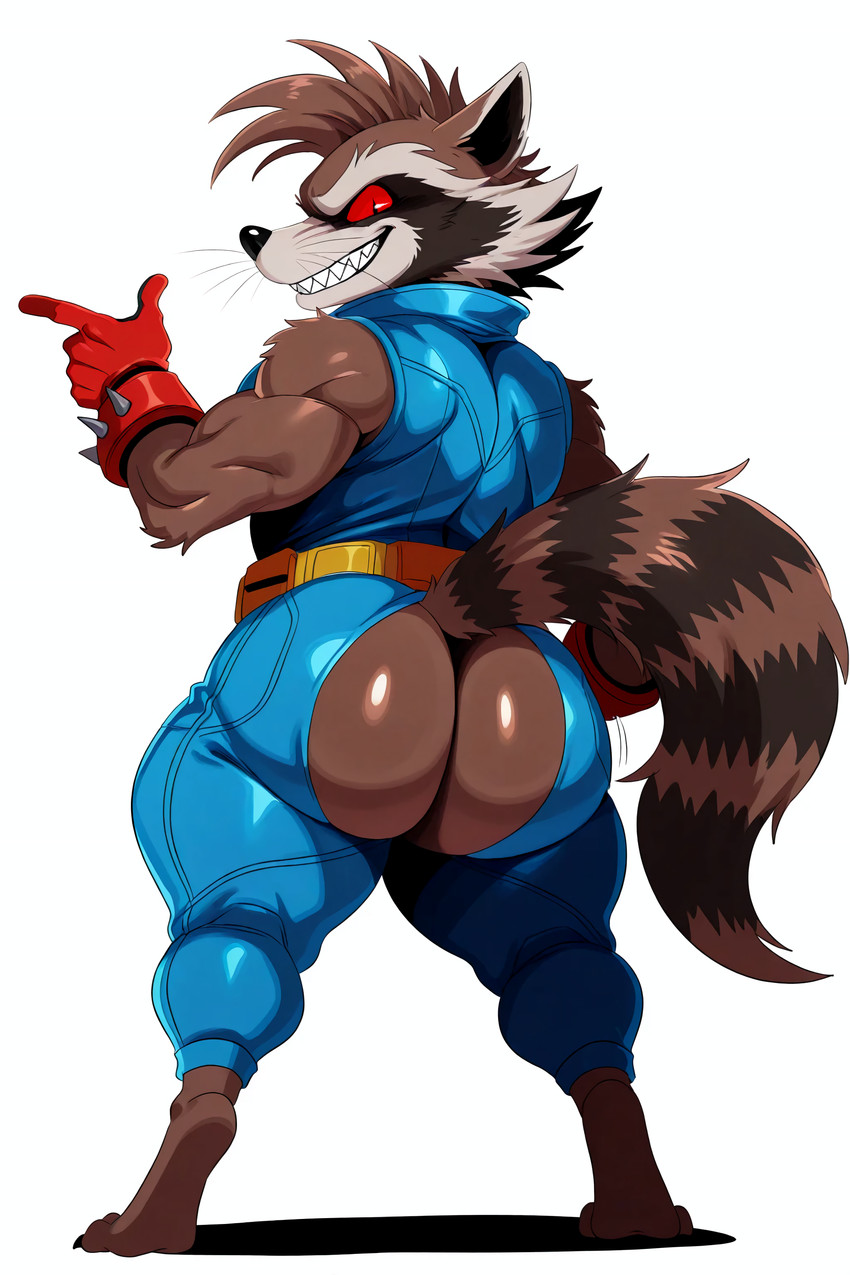 anthro belt big_butt blue_clothing brown_body butt clothing fur gloves grin handwear jumpsuit looking_at_viewer male mohawk muscular muscular_male orange_clothing presenting presenting_hindquarters pupils rear_view red_clothing red_eyes red_gloves red_handwear red_sclera short_stack simple_background slit_pupils smile solo tail thick_thighs white_background maxoggami guardians_of_the_galaxy marvel rocket_raccoon mammal procyonid raccoon absurd_res hi_res
