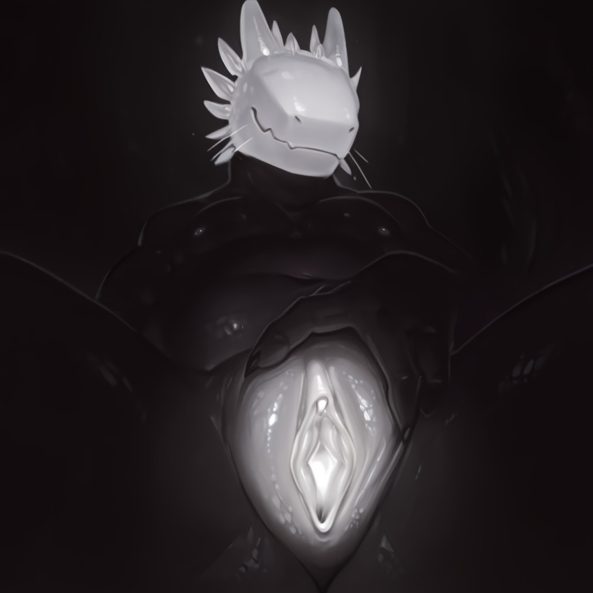 andromorph anthro black_body dark_background dim_lighting eyeless genitals glowing glowing_genitalia glowing_head glowing_pussy intersex presenting presenting_pussy pussy scales sitting solo spread_legs spread_pussy spreading tail whiskers artificer_(director) rain_world videocult black_lizard_(rain_world) lizard_(rain_world)