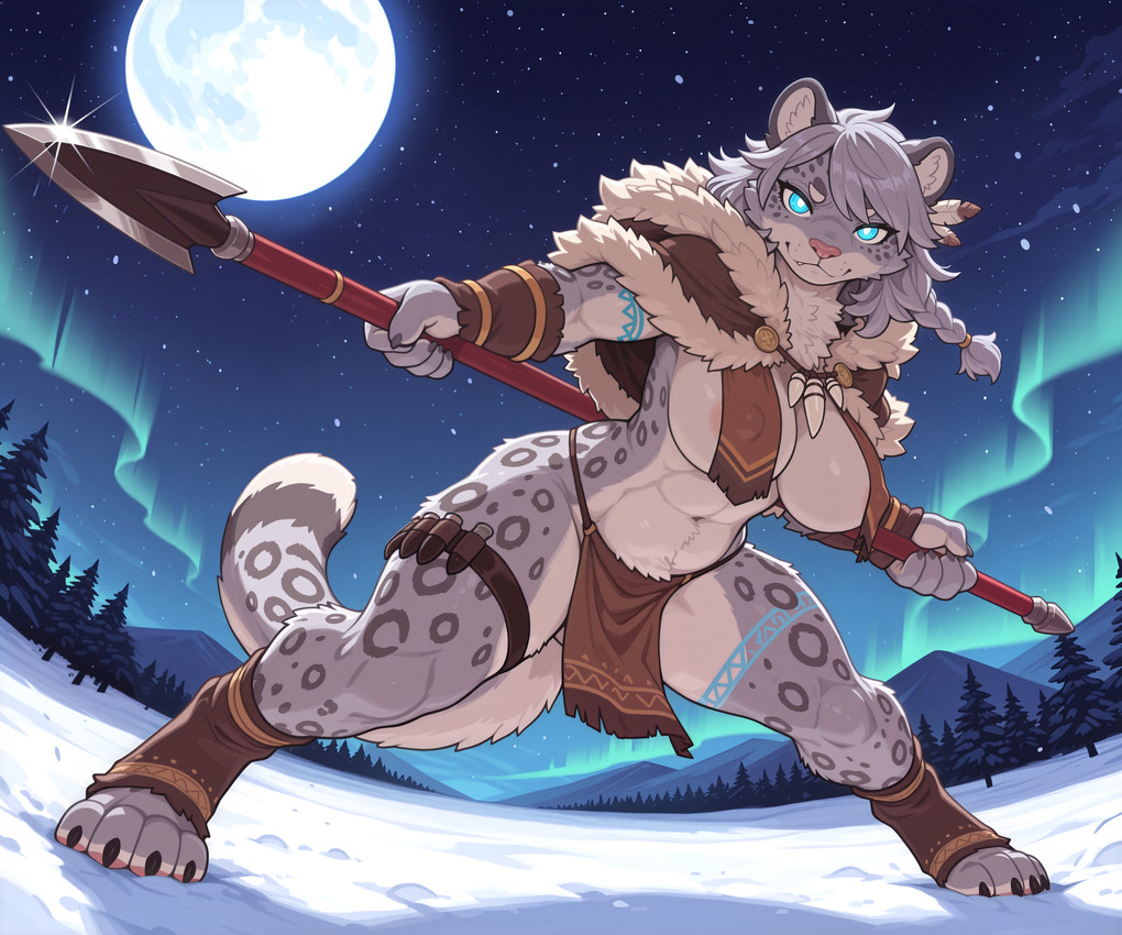 4_toes 5_fingers abs accessory anthro arm_markings athletic athletic_anthro athletic_female big_breasts biped black_claws black_spots blue_eyes blue_markings bottomwear braided_hair breast_curtains breasts brown_clothing capelet claws clothed clothed_anthro clothed_female clothing countershade_torso countershading covered_nipples cute_fangs detailed_background digitigrade evergreen_tree eyebrows eyelashes feather_in_hair feathers feet female female_anthro finger_claws fingers footwear forest full_moon fur fur_trim_(clothing) glint glowing glowing_eyes grey_body grey_fur grey_hair grey_markings grey_spots grey_tail hair hair_accessory hindpaw holding_melee_weapon holding_object holding_polearm holding_weapon inner_ear_fluff jewelry leg_markings legband legwear leopard_spots loincloth looking_at_viewer loose_feather markings melee_weapon moon mountain multicolored_body multicolored_fur multicolored_tail muscular muscular_anthro muscular_female muscular_legs nature nature_background navel necklace night outside partially_clothed paws pine_tree pink_nose plant polearm pose side_boob skimpy sky snow snowing solo spear spots spotted_body spotted_fur spotted_markings spotted_tail spread_legs spreading standing star starry_sky tail tail_markings tattoo thick_thighs toe_claws toeless_footwear toes tooth_necklace topwear tree tribal tribal_tattoo tuft weapon white_body white_breasts white_countershading white_fur wide_hips winter burioth felid mammal pantherine snow_leopard detailed digital_media_(artwork) full-length_portrait hi_res portrait