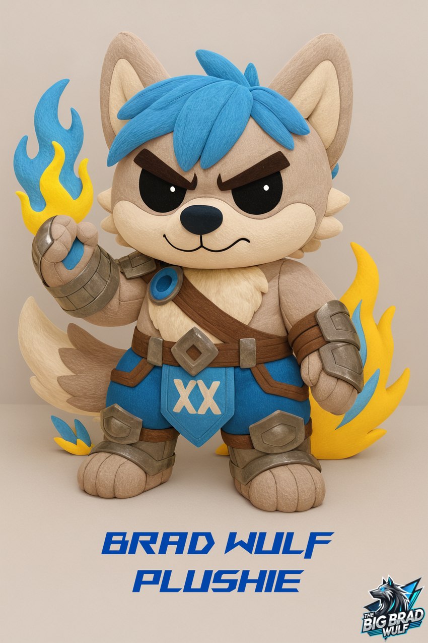 anthro armor black_eyes black_nose blue_fire blue_hair bottomwear chibi clothed clothing colored_fire elemental_manipulation feet fingers fire fire_manipulation fur hair logo looking_at_viewer male multicolored_body multicolored_fur pants pauldron plushie shoulder_guards shoulder_pads simple_background solo standing tail tan_body tan_fur text toes tuft vambrace thebigbradwulf brad_wulf_(thebigbradwulf) animate_inanimate canid canine canis humanoid mammal wolf 3d_(artwork) digital_media_(artwork) english_text hi_res official_art