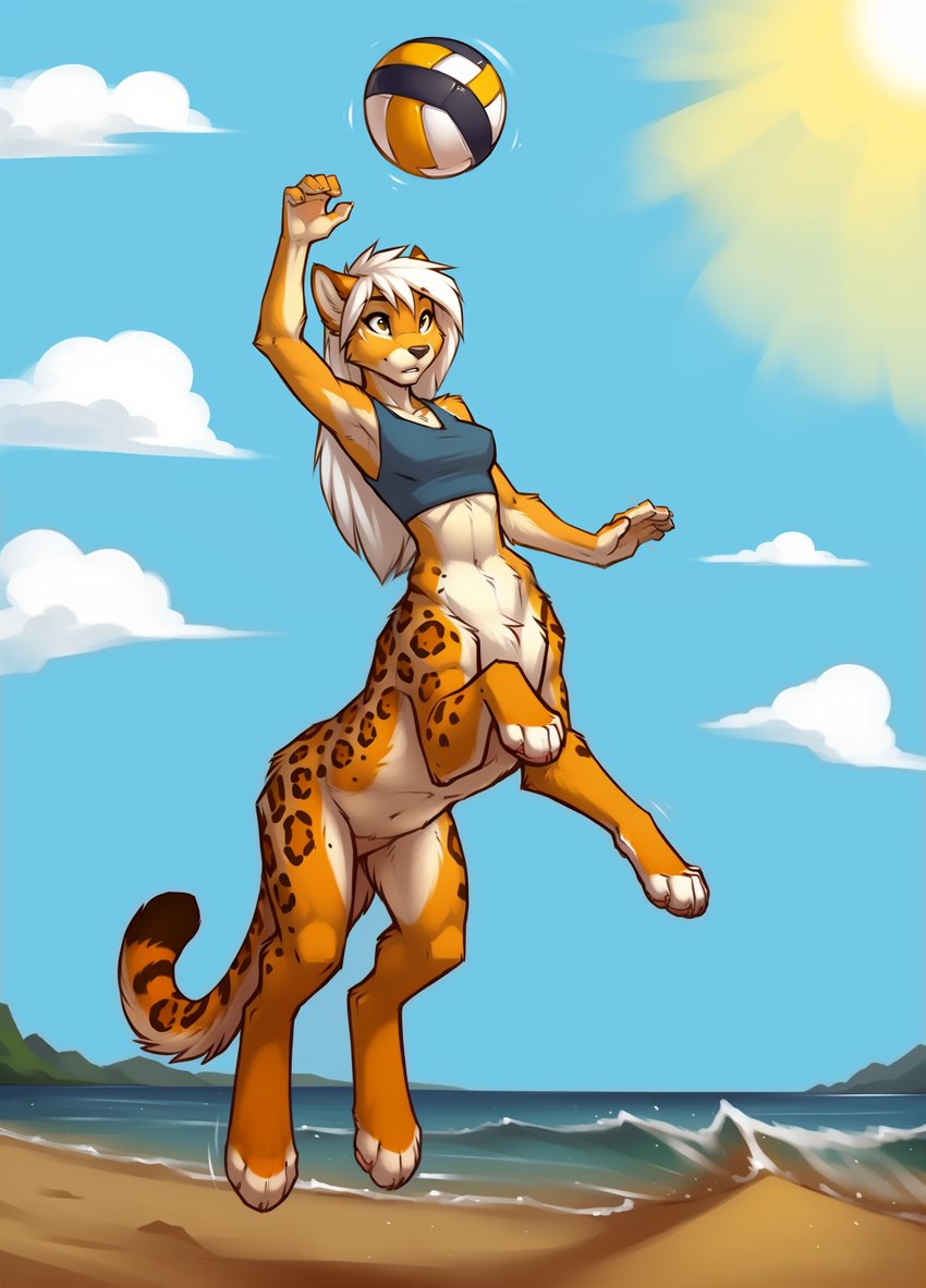 action_pose beach bottomless bottomless_female bottomless_taur bra clothed clothing countershading female fur hair jumping long_hair orange_body orange_fur pose sand seaside solo sport sports_bra underwear volleyball water white_hair halfcerberus felid feline mammal taur hi_res