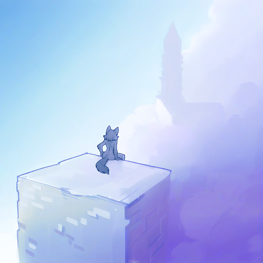 5_fingers anthro blue_sky brick_wall cloud female fingers hair high-angle_view landscape nude outside rear_view short_hair simple_background sitting sky solo tail_tuft tower tuft wall_(structure) adragocult canid canine mammal absurd_res blue_and_white hi_res monochrome restricted_palette shaded simple_shading