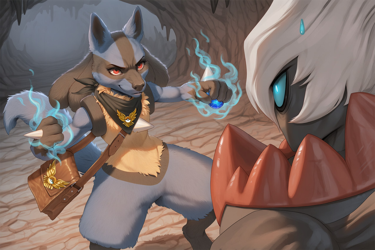 ambiguous_gender anthro badge blue_body blue_fire blue_fur bodily_fluids cave clothing colored_fire duo excited fight fighting_pose fire fur hair holding_object orb pose red_eyes scarf shoulder_bag smile standing sweat sweatdrop white_hair anonymous_director nintendo pokemon canid canine darkrai generation_4_pokemon legendary_pokemon lucario mammal pokemon_(species)