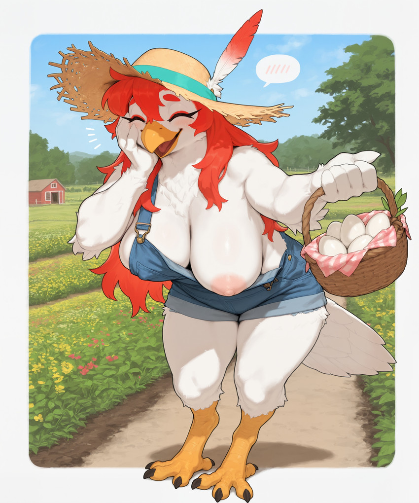 anthro barn basket beak blush border breasts claws clothed clothing container day denim denim_clothing egg farm farm_girl feathers female flower_field hair holding_object long_hair nipples non-mammal_breasts non-mammal_nipples overalls partially_clothed pink_nipples red_hair scales solo sun_hat tail_feathers white_body white_feathers yellow_body yellow_scales burioth avian bird chicken galliform gallus_(genus) phasianid absurd_res hi_res