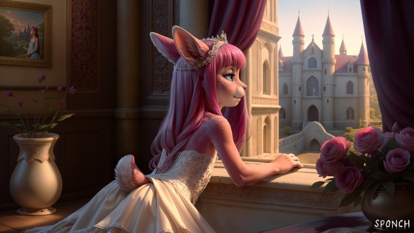 anthro castle clothing crown curtains curtains_open detailed_background dress female flower fur furniture hair leaning leaning_forward photo picture_frame pink_body pink_fur pink_hair plant rose_(flower) scut_tail short_tail solo table tiara vase wedding_dress window young sponch lagomorph leporid mammal rabbit absurd_res hi_res