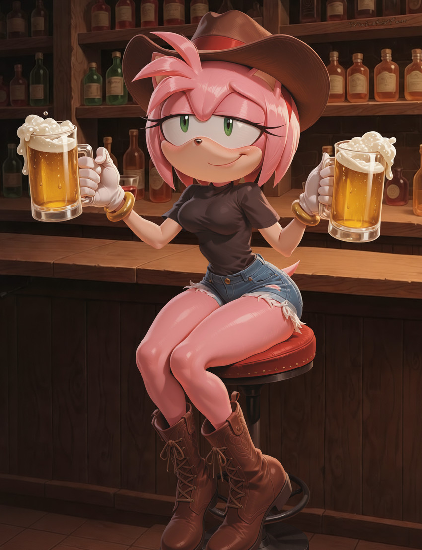 accessory alcohol animal_ears animal_nose anthro bar bar_stool beer beer_mug beverage black_clothing black_shirt black_topwear blue_bottomwear blue_clothing blue_shorts boots bottle bottomwear bracelet breasts brown_clothing brown_footwear brown_headwear clothing container cowboy_hat cup cutoffs denim denim_clothing drinking_glass female foam footwear fur furniture glass glass_container glass_cup glistening glistening_body glistening_skin gloves green_eyes hair hair_accessory hairband handwear hat headgear headwear holding_cup holding_object hotpants inside jewelry looking_at_viewer medium_breasts mouth_closed mug pink_body pink_fur pink_hair shirt short_hair short_sleeves shorts sitting smile solo stool tail topwear torn_clothes white_clothing white_gloves white_handwear tricksterfox sega sonic_the_hedgehog_(series) amy_rose absurd_res full-length_portrait hi_res portrait