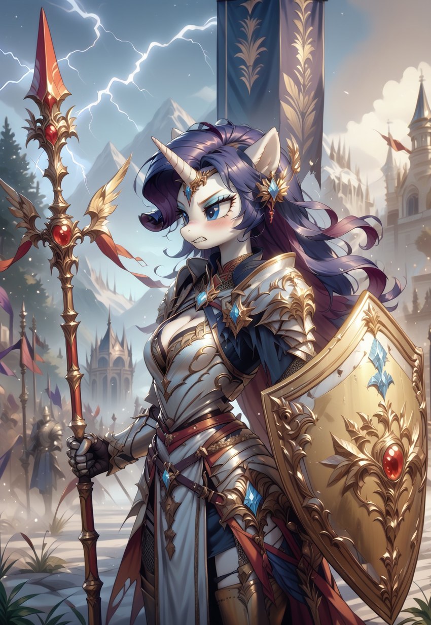 angry angry_expression anthro armor blush breasts clothed clothing female gauntlets gloves hair handwear holding_object horn jewelry knight melee_weapon polearm shield solo spear warrior weapon rarity_(mlp) equid equine horse mammal my_little_pony pony unicorn hi_res