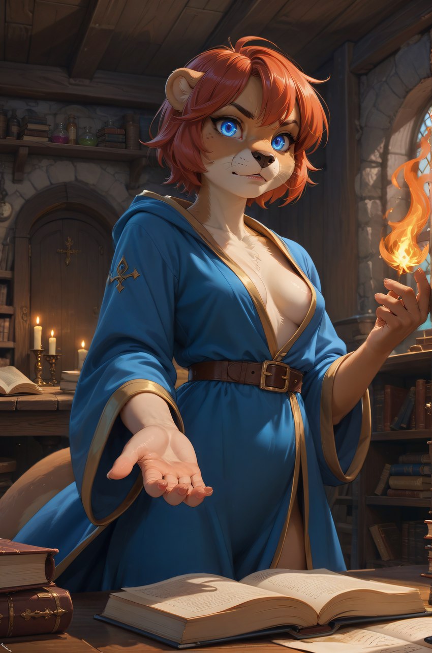 anthro areola areola_slip belt black_nose blue_clothing blue_eyes book bookshelf breasts candle chest_tuft cleavage clothed clothing countershading desk door elemental_manipulation female fire fire_manipulation furniture hair inner_ear_fluff looking_at_viewer magic_user outstretched_arm potion_bottle red_hair robe shelf short_hair small_breasts solo stone_wall table tuft wall_(structure) window wooden_building fenix_ai lutrine mammal mustelid hi_res