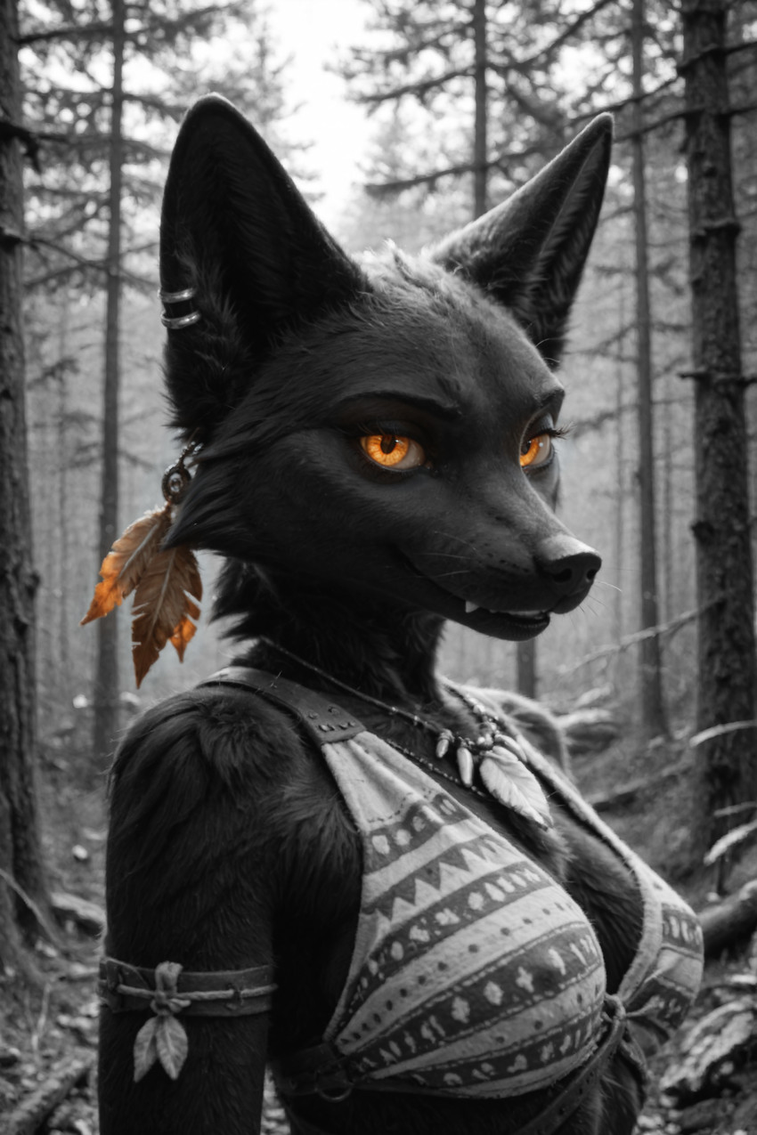 bared_teeth black_body black_fur clothing ear_piercing ear_ring feathers female forest forest_background fur jewelry looking_at_viewer nature nature_background necklace pattern_clothing piercing plant ring_piercing smirking_at_viewer solo standing tree tribal mistress-lukutar lukutar_(mistress-lukutar) canid canine fox mammal red_fox silver_fox absurd_res black_and_white hi_res monochrome