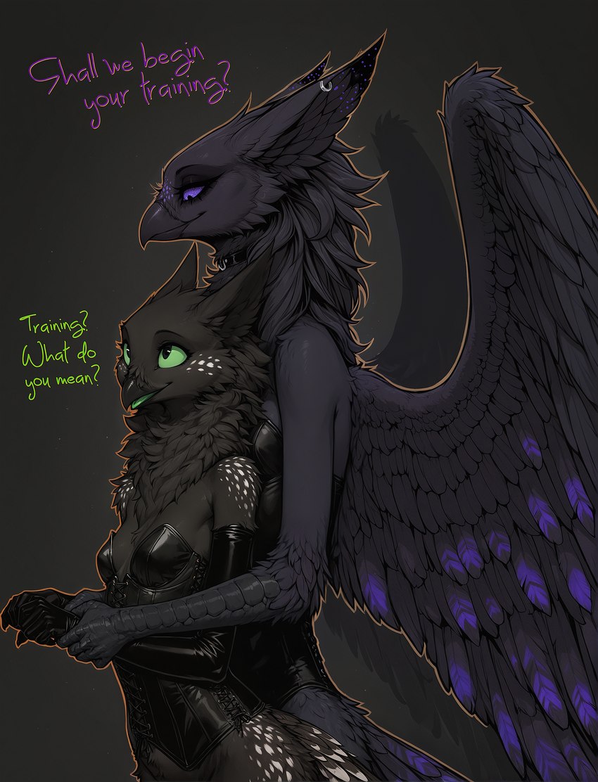 5_fingers anthro arm_grab armwear beak black_body black_feathers black_fur bottomless breasts choker clothed clothing corset corset_vest duo ear_piercing ear_ring elbow_gloves embrace eyelashes eyeliner eyeshadow feathered_wings feathers female fingers fluffy fur gloves green_sclera green_tongue hair handwear happy hug hugging_from_behind jewelry lingerie long_hair looking_down looking_down_at_another looking_up makeup neck_tuft necklace outline piercing purple_body purple_feathers purple_sclera purple_spots ring_piercing scuted_arms scutes seductive side_view simple_background slim small_breasts smile spots spotted_body spotted_fur text tongue topwear tuft wings oldhroft akureyri shadow_(oldhroft) avian bird velari absurd_res english_text hi_res