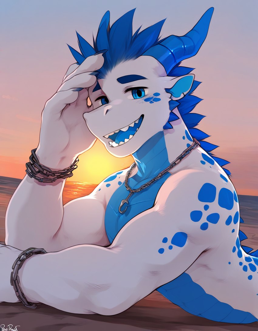 anthro beach blue_eyes blue_mouth blue_spots blue_tongue chain claws head_on_hand horn looking_at_viewer lying male mohawk muscular noobai_(model) on_front open_mouth open_smile sea seaside sharp_teeth smile solo spots sunset teeth tongue two-tone_body water white_body adzyx3m_(director) adzyx3m dragon attempted_signature watermark