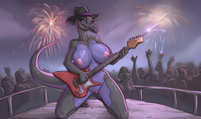 anthro big_breasts breasts clothing female fireworks genitals guitar hat headgear headwear itsnotme musical_instrument nipples non-mammal_breasts non-mammal_nipples nude on_knees playing_guitar playing_music plucked_string_instrument pussy solo solo_focus string_instrument generation_7_pokemon pokemon_(species) salazzle scalie hi_res