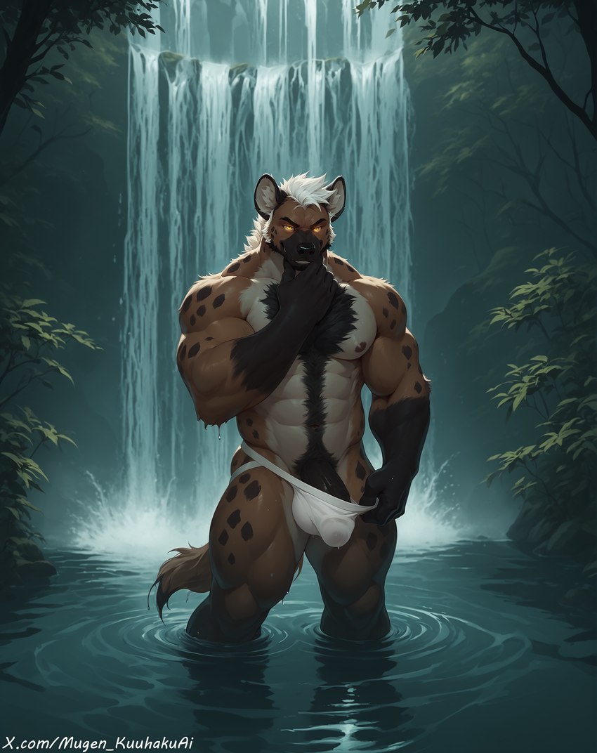 anthro beard black_body black_fur black_penis body_hair bulge chest_hair clothed clothing darkness facial_hair forest fur genitals glare glistening glistening_eyes golden_eyes grin hair jockstrap jockstrap_only lake light male moonlight muscular muscular_anthro muscular_arms muscular_legs muscular_male muscular_thighs night partially_clothed penis plant reflection smile solo tree underwear underwear_bulge underwear_down underwear_only vein veiny_penis water waterfall white_clothing white_hair white_underwear mugen_kuuhakuai hyaenid mammal absurd_res full-length_portrait hi_res portrait