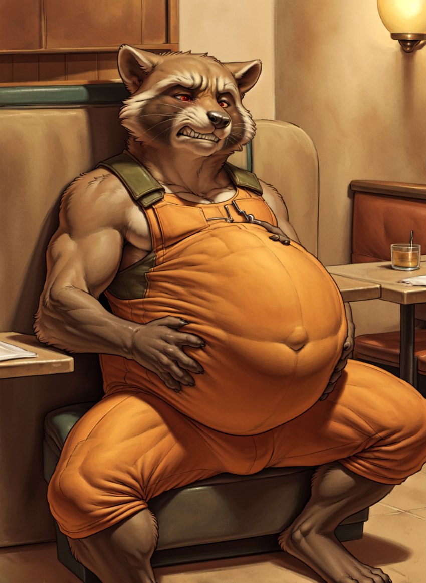 anthro belly big_belly black_nose bloated brown_body brown_fur bulge claws clenched_teeth clothing fur grimace hands_on_belly hyper hyper_belly inside male multicolored_body navel orange_clothing outie_navel overweight red_eyes restaurant sitting solo spread_legs spreading teeth uncomfortable whiskers aiaicaptain rocket_raccoon mammal procyonid raccoon hi_res