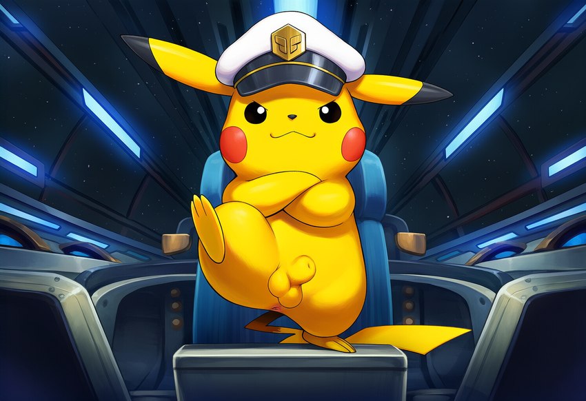 aircraft airship animal_genitalia anus chair clothing crossed_arms driving ears_down feral furniture genitals headgear headwear looking_at_viewer male on_chair on_one_leg one_leg_up pivoted_ears raised_leg sky solo standing tail_aside jomisa nintendo pokemon captain_pikachu generation_1_pokemon pikachu pokemon_(species)