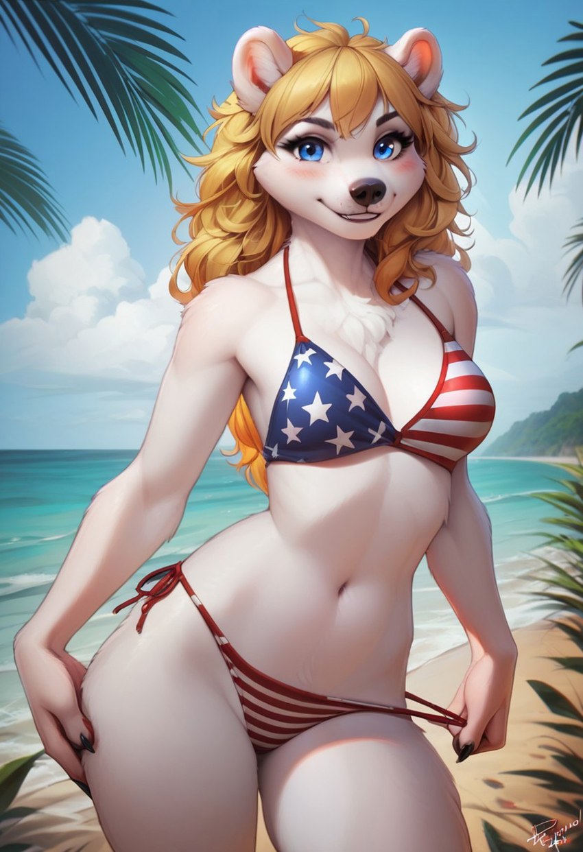 4th_of_july american_flag_bikini anthro beach bikini blonde_hair blue_eyes breasts clothing curvy_figure female fur hair long_hair looking_at_viewer nipples seaside smile smiling_at_viewer solo spreading stars_and_stripes stripping sunset swimwear thick_thighs undressing united_states_of_america white_body white_fur nakucide anita(nakucide) mammal polar_bear ursid ursine hi_res