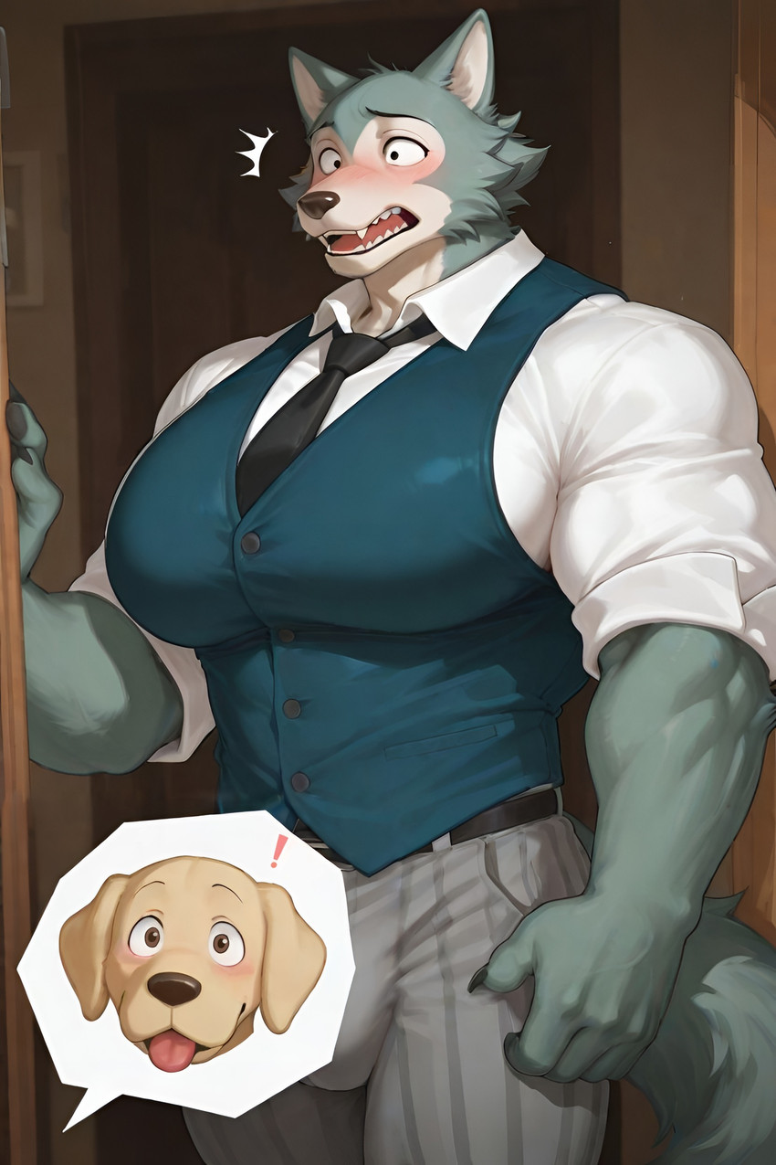anthro big_muscles big_pecs blush bulge caught clothing doorway duo fur grey_body grey_fur male male/male muscular pecs school_uniform standing surprise teeth thought_bubble uniform yellow_body yellow_fur exveemon_(director) beastars jack_(beastars) legoshi_(beastars) bird_dog canid canine canis domestic_dog hunting_dog labrador mammal retriever wolf absurd_res hi_res