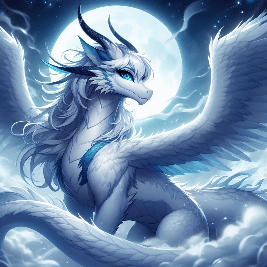 blue_eyes feathered_wings feathers female feral fur hair moon solo spine white_hair wings loganth dragon furred_dragon