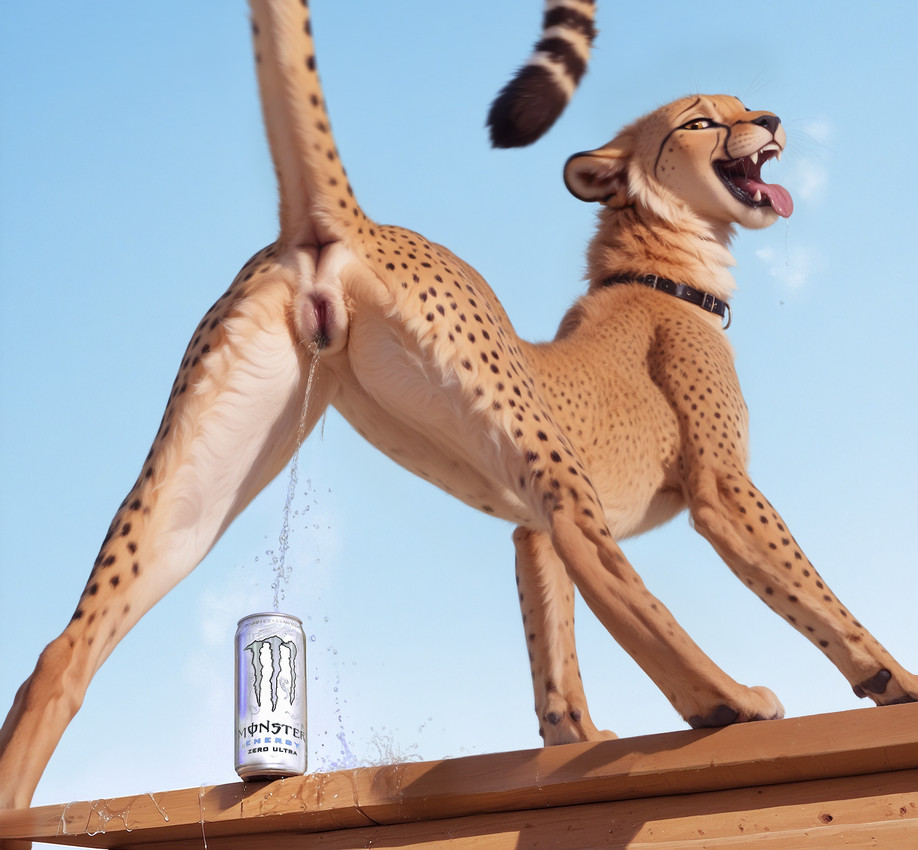 anatomically_correct anatomically_correct_genitalia animal_genitalia animal_pussy anus beverage_can blue_background bodily_fluids breath_cloud butt can collar container detailed_fur drooling ejaculation excessive_genital_fluids excessive_pussy_juice feline_pussy female feral fur furniture genital_fluids genitals looking_at_viewer looking_back looking_back_at_viewer looking_pleasured low-angle_view monster_energy_can multicolored_body multicolored_fur on_table open_mouth paws peeing peeing_into_container presenting presenting_hindquarters pussy pussy_ejaculation pussy_juice quadruped raised_tail realistic rear_view saliva simple_background smile solo spots spotted_body spotted_fur spread_legs spreading table tail teeth tongue tongue_out tuft urine urine_stream vaginal_fluids watersports yellow_body yellow_fur mysticcoyote cheetah felid feline mammal detailed hi_res