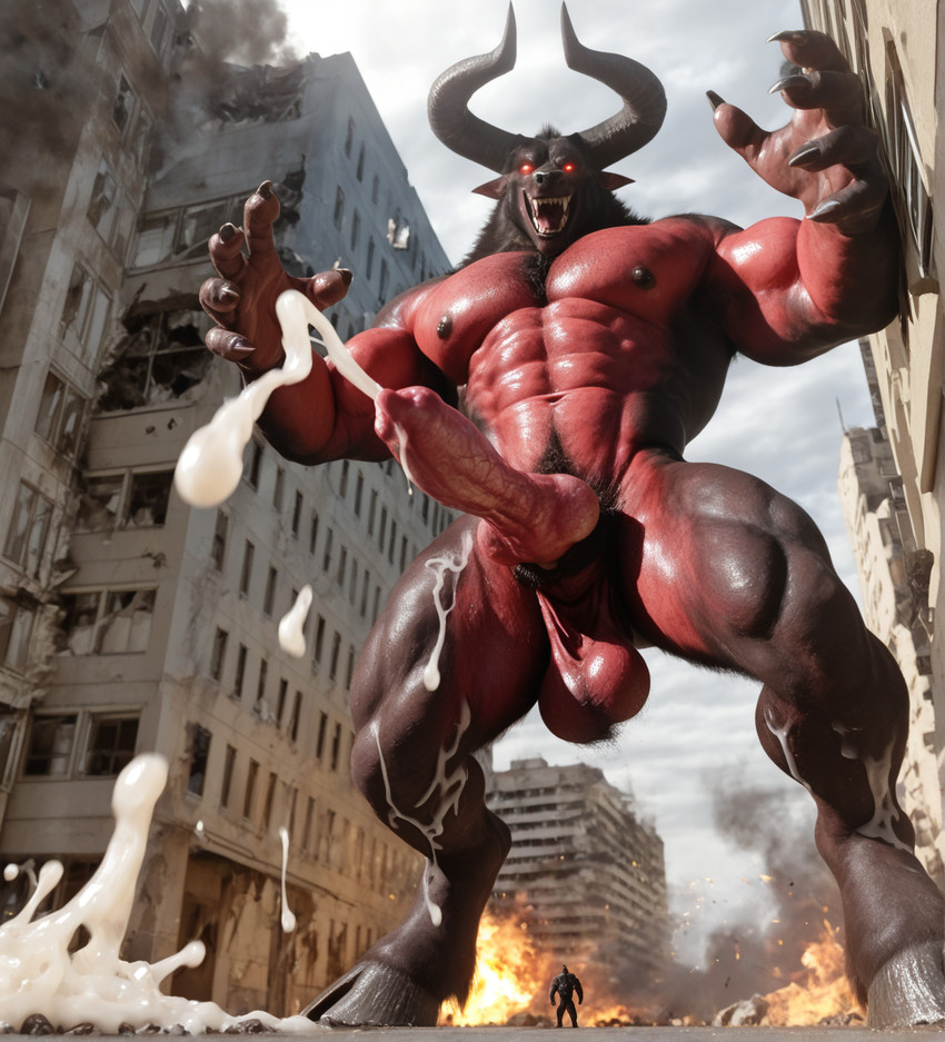 2_horns 5_fingers abs animal_genitalia animal_penis anthro balls big_knot big_penis biped bodily_fluids body_hair brown_legs brown_nipples building canine_genitalia canine_penis chest_hair city city_background city_destruction claws cum cum_explosion cum_on_body cum_on_ground cum_on_leg cumshot day digitigrade ejaculation erection fangs fingers genital_fluids genitals glistening glistening_body glowing glowing_eyes hairy_balls happy_trail hooves horn huge_knot huge_penis knot looking_at_viewer low-angle_view macro male muscular muscular_anthro muscular_male muscular_thighs navel nipples open_mouth outside penis pink_penis pubes red_balls red_body red_eyes red_skin solo standing teeth unguligrade wolfgrinn canid canine canis demon mammal werecanid werecanine werecreature werewolf wolf hi_res