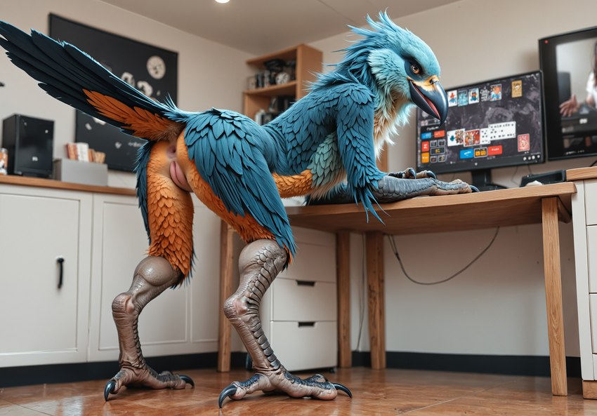 anthro anus beak bent_over bird_feet blue_body blue_fur butt claws desk feathers female flat_chested fur furniture genitals grey_body grey_scales inside looking_at_viewer looking_back looking_back_at_viewer low-angle_view monitor multicolored_body office orange_body orange_fur presenting presenting_anus presenting_hindquarters presenting_pussy pussy raised_tail scales scalie_feet shelf solo table tail_feathers talons two_tone_body video_games hummuna avian bird absurd_res hi_res