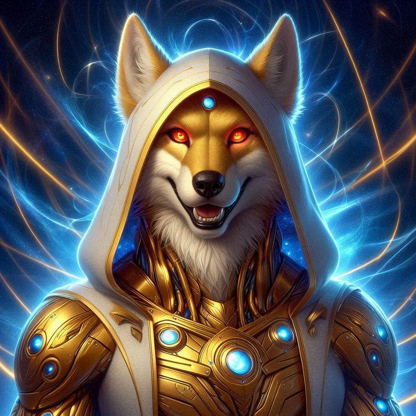 anthro bing_image_creator celestial_body cybernetic_limb cybernetics dall-e_3 detailed_background evolution_(transformation) glowing glowing_eyes gold_(metal) halo machine male male/male photorealistic red_eyes science_fiction solo transformation goldanthrowolf trigem canid canine canis cyborg luphra'nite mammal wolf