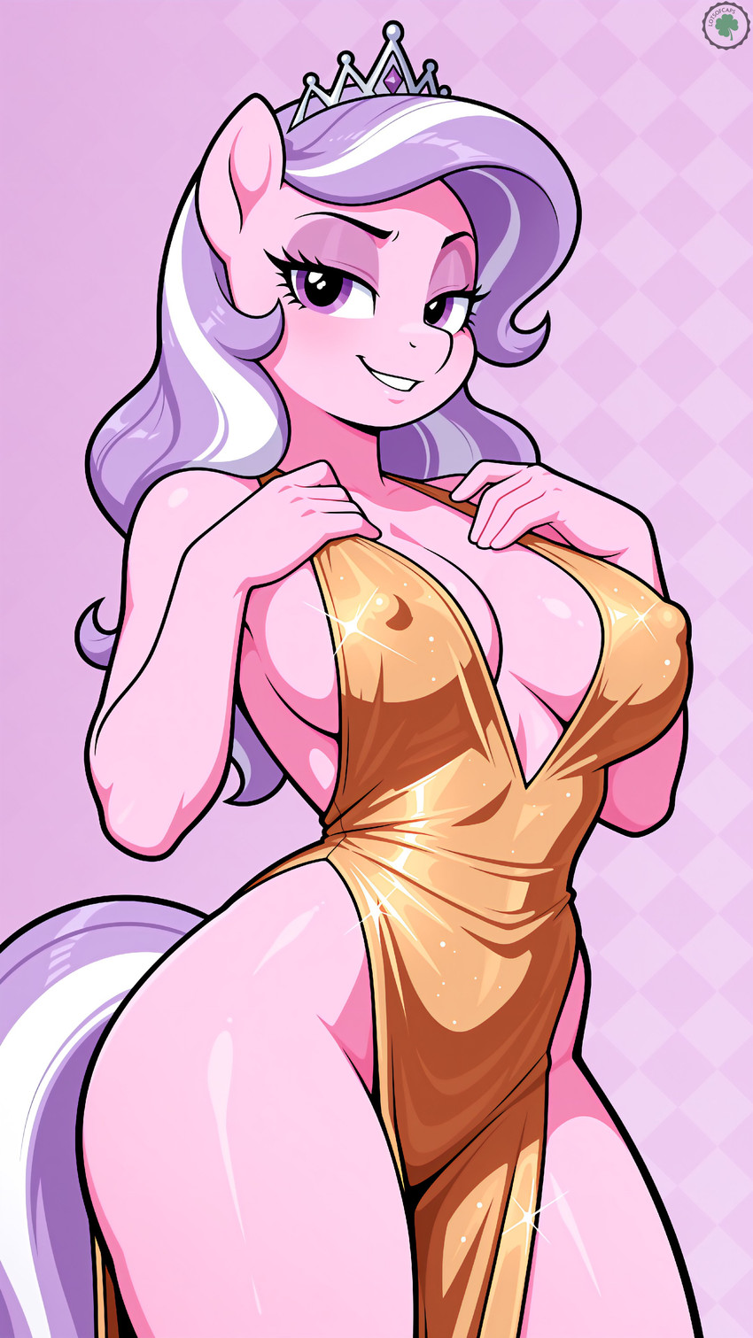 anthro bedroom_eyes breasts clothed clothing crown dress erect_nipples eyelashes female fur hair looking_at_viewer narrowed_eyes nipple_outline nipples pink_body pink_fur purple_eyes purple_hair seductive simple_background skimpy smile smirk solo white_hair lotsofcaps friendship_is_magic my_little_pony diamond_tiara_(mlp) equid equine horse mammal pony absurd_res hi_res watermark