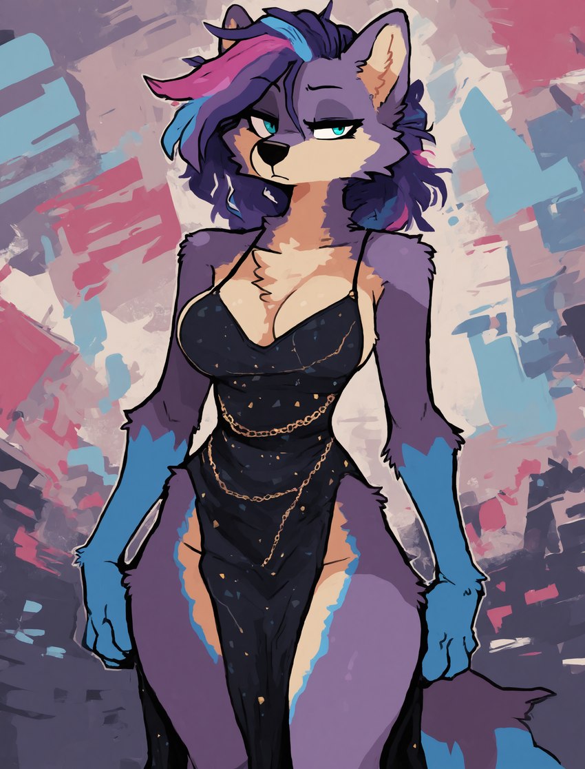 abstract_background anthro blue_body blue_eyes blue_fur blue_markings breasts cleavage clothed clothing dress female front_view fur markings pelvic_curtain purple_body purple_fur solo tan_body tan_fur ascella_(director) ascella_nadir canid canine canis mammal wolf absurd_res hi_res