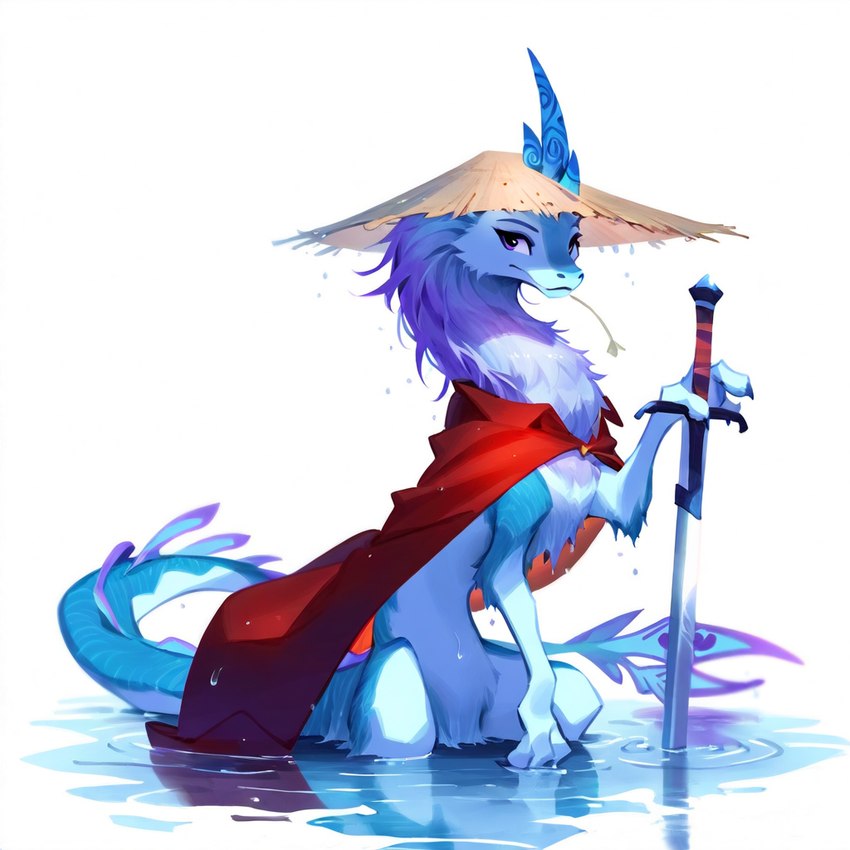 cloak clothing fur hat headgear headwear melee_weapon straw_hat sword water weapon forsaken sisu_(ratld) dragon furred_dragon