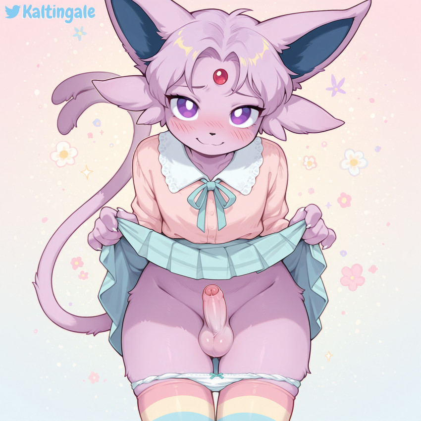 anthro balls blouse blush bottomwear bow_panties bow_ribbon claws clothed clothing clothing_lift crossdressing femboy flower foreskin front_view fur genitals glans hair humanoid_genitalia humanoid_penis leaning leaning_forward legwear long_tail looking_at_viewer male panties panties_down partially_clothed pattern_clothing pattern_legwear penis pink_body pink_fur pink_hair plant pleated_skirt presenting purple_eyes short_hair simple_background skirt skirt_lift smile solo sparkles striped_clothing striped_legwear stripes tail thick_thighs thigh_highs topwear tuft underwear underwear_down wide_hips kaltingale_(director) nintendo pokemon eeveelution espeon generation_2_pokemon pokemon_(species) 1:1 director_name hi_res