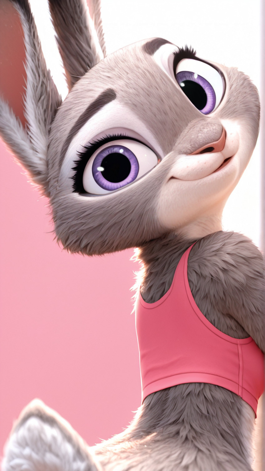 anthro clothed clothing crop_top female fluffy fur grey_body grey_fur looking_at_viewer looking_back no_underwear pink_background pink_nose purple_eyes rabbit_ears rear_view shirt simple_background smile solo tail topwear neural_bunny disney zootopia judy_hopps lagomorph leporid mammal rabbit hi_res