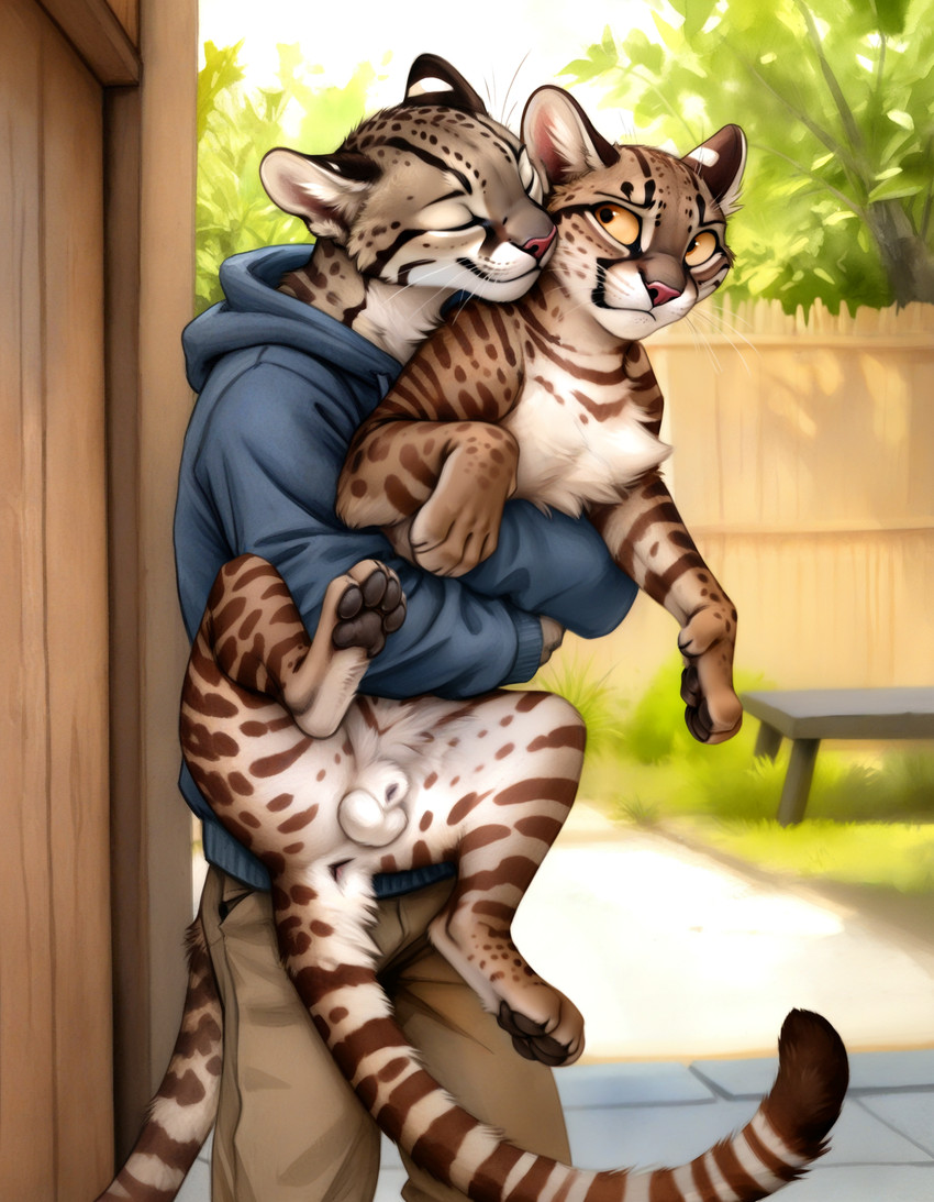 4_toes 5_toes anatomically_correct anatomically_correct_genitalia animal_genitalia annoyed anthro anus backyard balls black_pawpads blue_clothing blue_hoodie blue_topwear bottomwear clothing dewclaw duo embrace eyes_closed feet feline_balls feline_sheath fence feral fluffy front_view fully_sheathed furniture genitals grass hoodie hug hugging_from_behind male no_sclera nuzzling outside pants pawpads pink_nose plant sheath size_difference smile table toes topwear tree whiskers yellow_eyes drla felid feline leopardus mammal ocelot hi_res