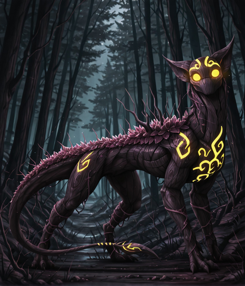 all_fours ambiguous_gender black_body branch claws dewclaw feral forest forest_background forest_path glowing glowing_eyes glowing_markings leaf leaves_on_body light looking_at_viewer markings moonlight mouthless nature nature_background night noseless plant solo tail tree tree_root vines yellow_eyes yellow_markings lolingtons77 scp_foundation scp-860-2 elemental_creature flora_fauna mammal monster hi_res
