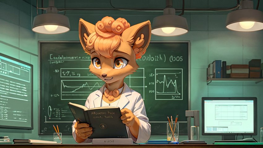 anthro book clothed clothing coat coconut_furry_mix_2_vivid_(model) computer detailed_background detailed_lighting female fully_clothed fur holding_object inside lab_coat laboratory orange_body orange_eyes orange_fur science slim smile solo topwear yuki_laneige canid generation_1_pokemon mammal pokemon_(species) vulpix colored detailed hi_res