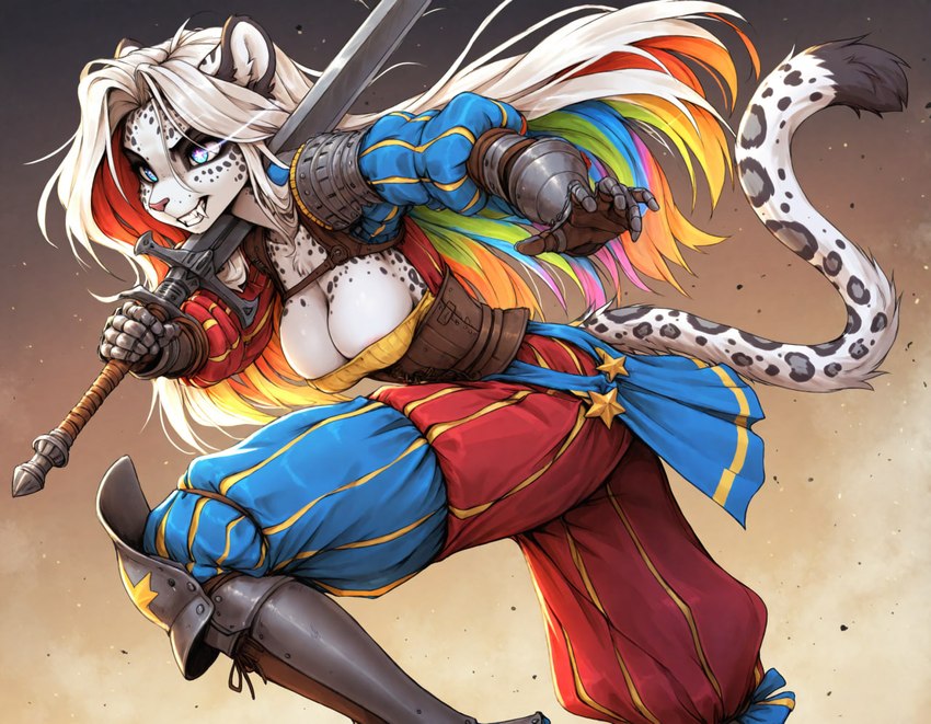 anthro blue_eyes female fur hair medieval_clothing melee_weapon multicolored_hair rainbow_hair running solo sword weapon weapon_on_shoulder white_body white_fur white_hair djar17 felid mammal pantherine snow_leopard