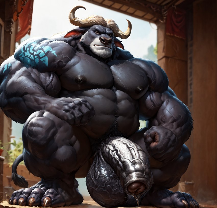 5_toes abs anthro arm_tattoo balls biceps big_balls big_muscles big_penis black_body black_fur brown_eyes claws crouching feet flaccid fur genitals hand_on_leg horn huge_muscles humanoid_genitalia light looking_at_viewer low-angle_view male musclegut muscular pecs penis plantigrade solo sunlight tattoo thick_penis toes vein veiny_muscles veiny_penis zootopia vanzilen chief_bogo bovid bovine cape_buffalo mammal true_buffalo water_buffalo full-length_portrait hi_res portrait