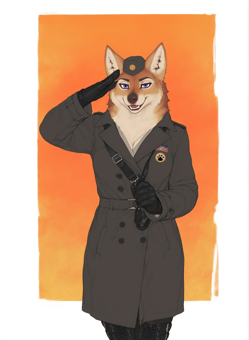 belt black_clothing blue_eyes boots border breasts brown_body brown_fur clothed clothing coat fangs female footwear fully_clothed fur gesture gloves handwear hat headgear headwear inner_ear_fluff legwear looking_at_viewer military_uniform open_mouth open_smile orange_body orange_fur purple_eyes salute simple_background smile solo standing teeth topwear trenchcoat tuft uniform white_border otteranon canid canine canis coyote mammal hi_res