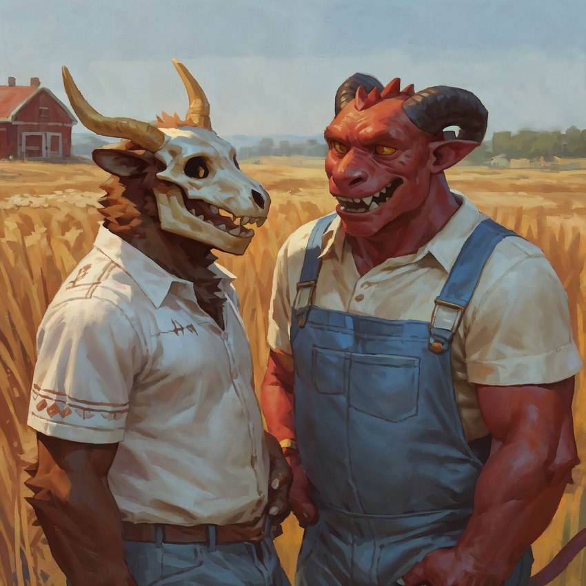 anthro barn black_sclera bone bottomwear brown_body brown_fur chest_tuft clothed clothing day denim denim_clothing duo elbow_tuft embroidery eye_contact fangs farm field fully_clothed fur horn humanoid_pointy_ears jeans landscape looking_at_another male male/male neck_tuft open_mouth outside overalls pants red_body red_eyes red_skin shirt skull skull_head smile topwear tuft wheat_field white_clothing white_shirt white_topwear yellow_sclera imperialhorizon demon humanoid hi_res