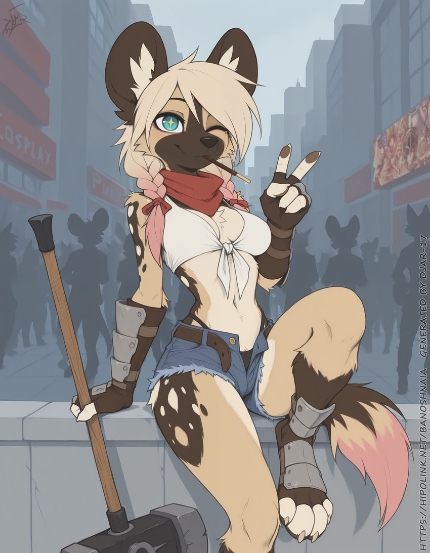 anthro armor boots bottomwear clothing cosplay crowd cutoffs denim denim_clothing female footwear gauntlets gesture gloves group hammer handwear highleg_panties one_eye_closed outside ragnarok_online red_bandana shirt shorts sitting solo tied_shirt tools topwear v_sign wink djar17 zahra_(djar17) african_wild_dog canid canine mammal absurd_res hi_res