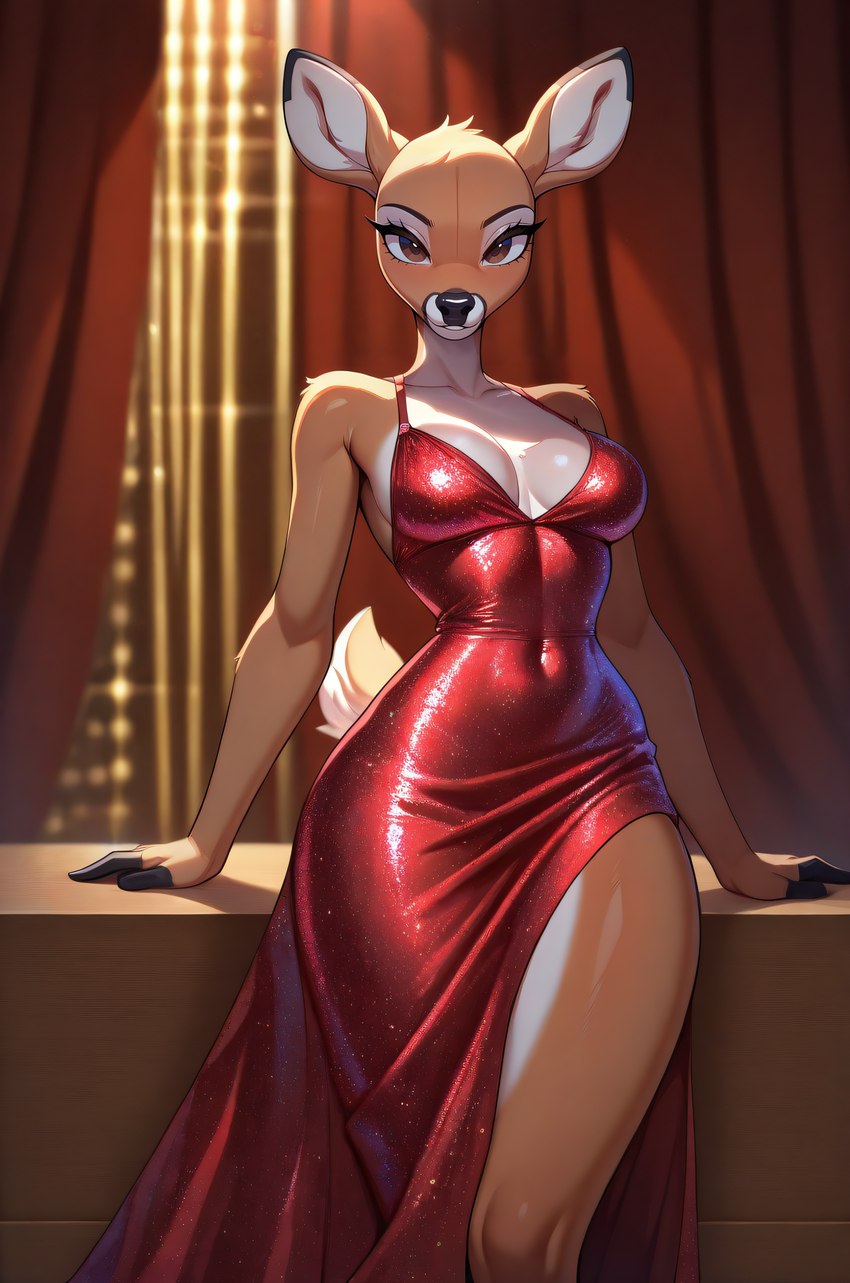 anthro backstage black_nose breasts brown_eyes clothed clothing curtains deer_ears deer_nose dress female fluffy fluffy_tail fur looking_at_viewer pose red_clothing red_dress scut_tail short_tail solo standing teeth tight_clothing yiffybee cervid cervine mammal absurd_res hi_res