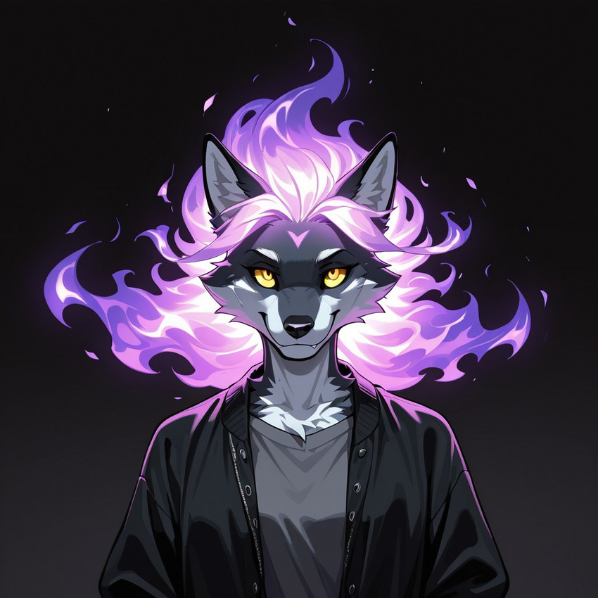 anthro black_background black_body black_clothing black_jacket black_topwear clothing female fire flaming_hair jacket looking_at_viewer pseudo_hair simple_background smile solo topwear yellow_eyes hoodie_(hood_man5) canid canine canis mammal wolf
