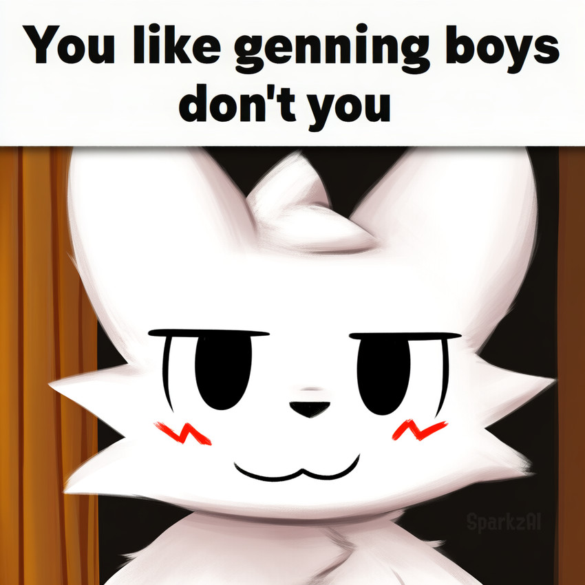 anthro blush cheek_tuft facial_tuft fur head_tuft looking_at_viewer male male_anthro smile solo text tuft white_body white_fur sergalbutt meme_2026 boy_kisser_(meme) silly_cat_(mauzymice) domestic_cat felid feline felis mammal director_name english_text meme reaction_image signature