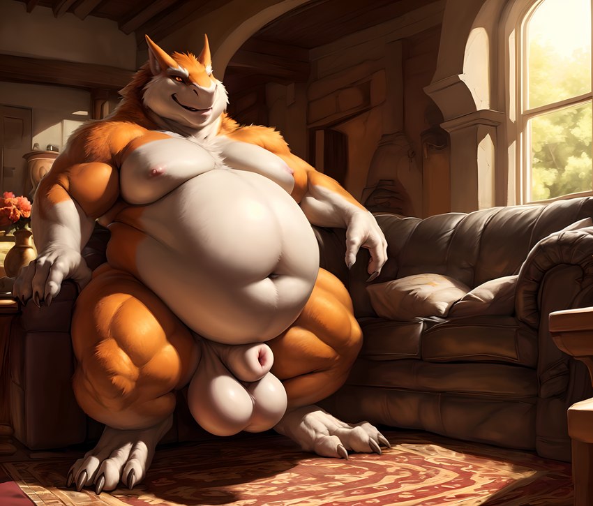 animal_genitalia anthro balls belly big_balls big_belly chest_tuft claws detailed_background flower fully_sheathed fur furniture genitals inside light looking_at_viewer male moobs musclegut muscular muscular_anthro muscular_male navel nude obese obese_anthro obese_male orange_body orange_eyes orange_fur overweight overweight_anthro overweight_male pillow plant sheath sitting smile sofa solo sunlight tree tuft white_body white_fur saphirix sergal 2024 hi_res