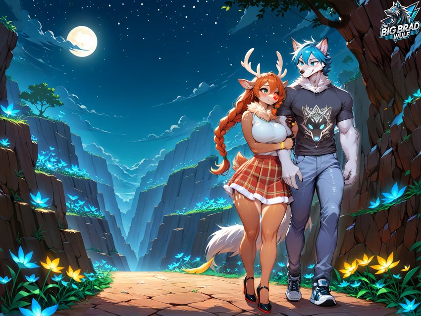 5_fingers anthro antlers big_breasts black_clothing black_footwear black_shoes black_topwear blue_bottomwear blue_clothing blue_eyes blue_hair blush bottomwear braided_hair breasts brown_body brown_fur brown_hair clothed clothing cloud denim denim_bottomwear denim_clothing detailed_background dress duo female fingers flower footwear full_moon fully_clothed fur hair hand_holding high_heels horn jeans long_hair looking_at_another male male/female married_couple moon mountain neck_tuft night outside pants plant red_clothing red_hair romantic romantic_ambiance romantic_couple shirt shoes skirt sky smile sneakers standing star starry_sky t-shirt tail text topwear tree tuft walking waterfall white_body white_fur thebigbradwulf brad_wulf_(thebigbradwulf) rudy_(thebigbradwulf) canid canine canis capreoline cervid humanoid mammal new_world_deer reindeer wolf digital_media_(artwork) hi_res