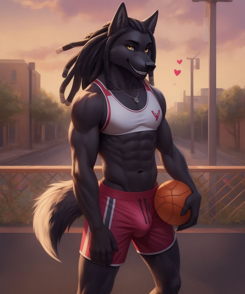 <3 abs anthro basketball basketball_court bedroom_eyes black_body black_fur black_nipples black_nose bottomwear bulge clothing detailed_background dreadlocks fur gym_bottomwear gym_clothing gym_shorts jewelry looking_at_viewer male narrowed_eyes nipples plant seductive shorts solo street sunset tree yellow_eyes jackson_maxston_(director) koga_(jackson_maxston) canid canine canis mammal wolf hi_res