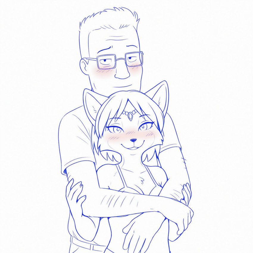 anthro breasts cleavage clothed clothing crossover duo embrace eyewear female glasses hug human_on_anthro interspecies looking_at_viewer male male/female simple_background smile smiling_at_viewer anonymous_director king_of_the_hill nintendo star_fox hank_hill krystal_(star_fox) canid canine fox human mammal hi_res