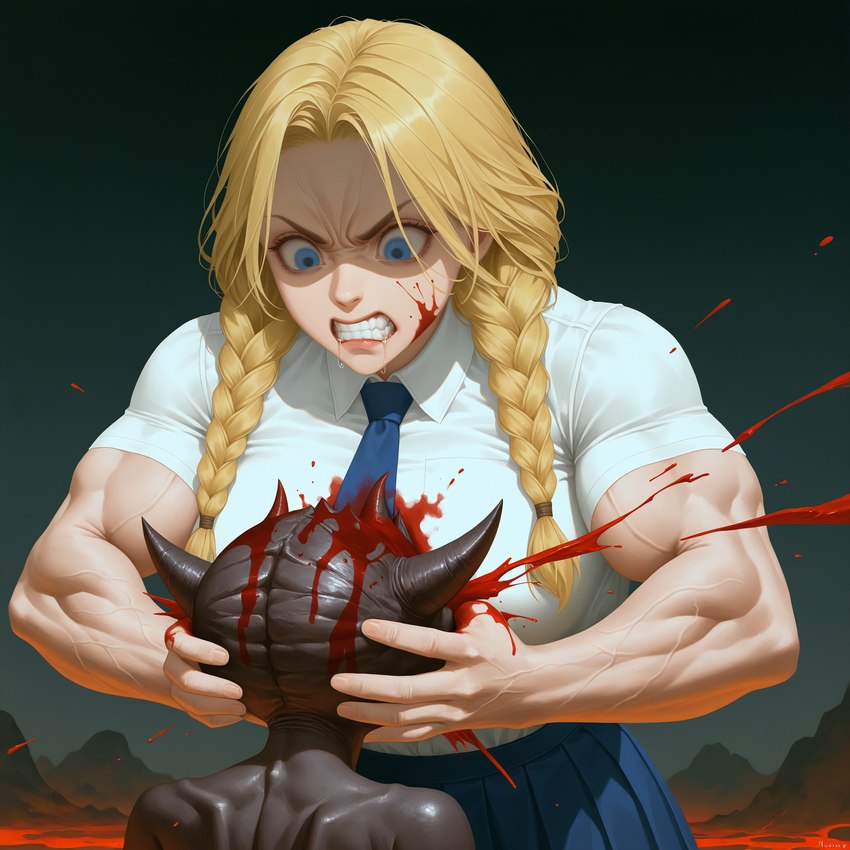 accessory ambiguous_gender angry anthro big_breasts blonde_hair blood blue_clothing blue_eyes bodily_fluids bottomwear braided_hair breasts clenched_teeth clothed clothing doom_(game) duo female hair hair_accessory hair_ring head_grab horn humor muscular muscular_female necktie school_uniform shirt size_difference skirt teeth topwear uniform vein veiny_arms anonymous_director demon horned_humanoid human humanoid mammal hi_res