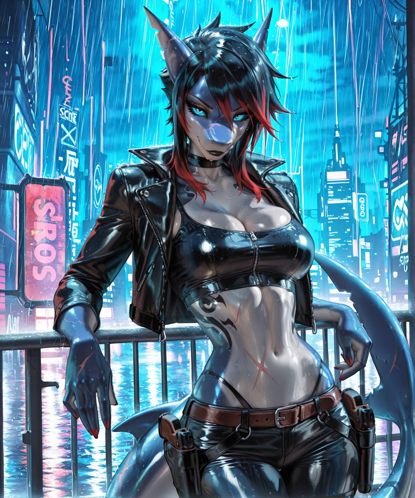 anthro bedroom_eyes belt black_background black_clothing black_hair black_lips black_lipstick blue_body blue_eyes blue_sclera bottomwear breasts building city city_background cleavage clothed clothing colored_nails curvy_figure cyberpunk female glistening glistening_body gun hair handgun holster leather leather_bottomwear leather_clothing leather_topwear lips lipstick looking_at_viewer makeup markings multicolored_body nails narrowed_eyes navel non-mammal_breasts outside pistol raining ranged_weapon red_hair red_nails rooftop scars seductive seductive_smirk shark_tail simple_background skyscraper small_waist smile snout solo tattoo teeth topwear two_tone_body underwear water weapon wet wet_body wet_clothing wet_hair white_body rustingrust fish humanoid marine scalie shark hi_res